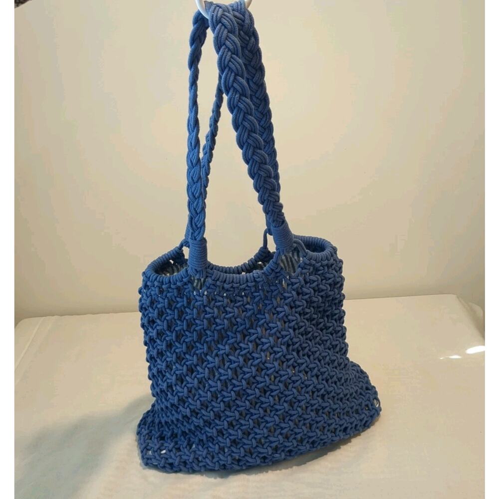 TALBOTS Knotted Cord Crochet Knit Woven Tote Handbag Shoulder Boho Hippie Blue